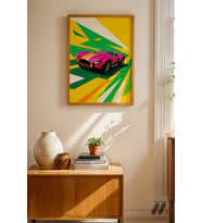 Pembe Klasik Roadster Pop Art, Ahşap Çerçeveli Duvar Tablosu - Oto Severlere Özel