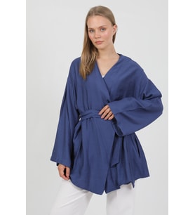 Doğal Viskon Kumaş Cepli Kemerli Kadın Kimono 1168 – Yakasız, Hafif, Dökümlü, Yazlık Model (İndigo Mavi)