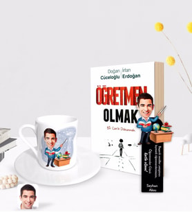 BK Gift Kişiye Özel Erkek Sınıf Öğretmeni Karikatürlü Türk Kahvesi Fincanı Ahşap Kitap Ayracı ve Öğretmen Olmak Kitabı Hediye Seti-1
