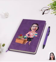 BK Gift Kişiye Özel Kadın Öğretmen Karikatürlü Mor Termo Deri Defter Kalem Seti Model 5