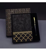 Gold Desen Siyah Deri Defter Kalem Set