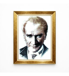 Tablore Atatürk Portre Tablo Altın Varaklı Çerçeveli Karakalem Efektli