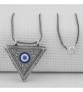 Nazar Boncugu Tasarımlı Üçgen Muska Kebir Dualı Cevşen 925 Ayar  Gümüş Erkek Kolye