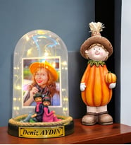 Kişiye Özel Fotoğraflı Yazılı Led Işıklı Fanus ve Bal Kabağı Biblosu (Model 7)