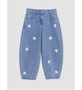 LCW Kids İndigo Çiçek Nakışlı Barrel Fit Kız Çocuk Jean Pantolon