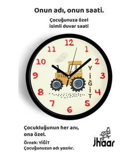 İsme Özel Traktör Çocuk Odası Duvar Saati Orta Boy 30 cm Siyah Camlı Sessiz