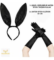 Siyah Parlak Tavşan Kulak ve 40 cm Parlak Siyah Eldiven Kostüm Seti
