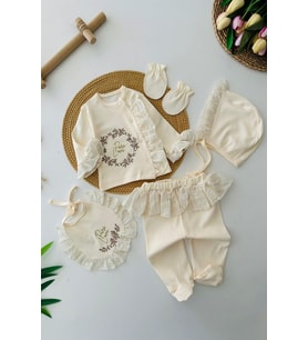 Miniğimin Cicileri Güpür Detaylı İşlemeli Kız Bebe 5 li Hastane Çıkışı Set - Krem