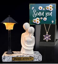 İsimli Biblolu Beyaz Masa Lambası ve Gerçek Ametist Taşlı Lotus Kolye (Model 6)