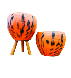 Bitki Tasarımı Siyah Çizgi Desenli Terrakota Toprak Saksı Saksılık Salon Çiçeklik İkili Set Ayaksız - 3 Ayaklı- 15 Cm