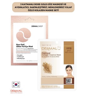 3 Katmanlı Rose Gold Göz Maskesi ve Aydınlatıcı, Sakinleştirici, Nemlendirici Yulaf Özlü Kolajen Maske Seti
