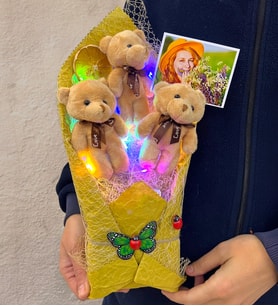 Renkli Led Işıklı Fotoğraflı Özel Kahve Ayıcıklı Büyük Boy Peluş Ayıcık Buketi (Model 2)