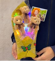 Renkli Led Işıklı Fotoğraflı Özel Kahve Ayıcıklı Büyük Boy Peluş Ayıcık Buketi (Model 2)