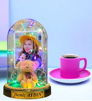 Kişiye Özel Renkli Led Işıklı Fanus ve Pembe Türk Kahvesi Fincanı (Model 9)