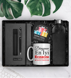 Eczacılara Özel Kişiye Özel Defter & Deri Kılıflı Touch Pen Kalem & Tasarım Kupa & Cam Şişe Matara Hediye Seti
