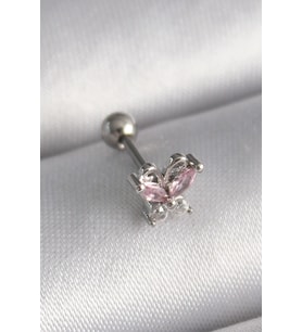Gümüş Renk Pembe Zirkon Taşlı Kelebek Tragus Piercing - EBJ241123W29392