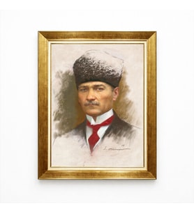 Tablore Atatürk Sanatsal Kalpaklı Portre - Kırmızı Detaylı Yağlı Boya Dokulu Çerçeveli Kanvas Tablo