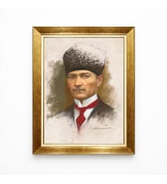 Tablore Atatürk Sanatsal Kalpaklı Portre - Kırmızı Detaylı Yağlı Boya Dokulu Çerçeveli Kanvas Tablo