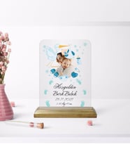 BK Gift Kişiye Özel Fotoğraflı Hoşgeldin Bebek Tasarımlı Ahşap Standlı Çerçeve Mavi-3