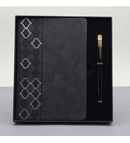 Desenli Siyah Deri Defter Kalem Set