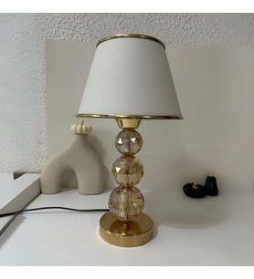 Mooncher Cam Gövdeli Gold Metal Abajur Altın Şeritli Krem Kumaş Başlık Gece Lambası
