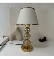 Mooncher Cam Gövdeli Gold Metal Abajur Altın Şeritli Krem Kumaş Başlık Gece Lambası