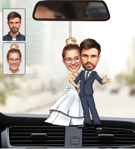 Kişiye Özel Fotoğraflı Gelin Damat 2 Tasarımlı Karikatür Araba Dikiz Ayna Süsü