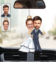 Kişiye Özel Fotoğraflı Gelin Damat 2 Tasarımlı Karikatür Araba Dikiz Ayna Süsü