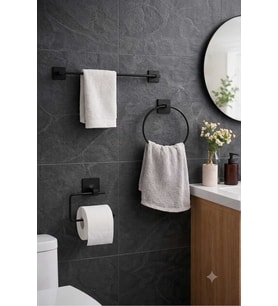 Yapışkanlı Siyah Uzun Havlu Askısı Yuvarlak Havluluk 3 lü Banyo Set