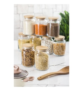 9 Lu Set Bambu Kapaklı Cam Kavanoz & Erzak Saklama Kabı 800 ml Orta Boy ( Vakum Kapak )