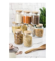 9 Lu Set Bambu Kapaklı Cam Kavanoz & Erzak Saklama Kabı 800 ml Orta Boy ( Vakum Kapak )