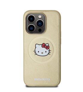 Apple iPhone 15 Pro Uyumlu Kılıf Hello Kitty Orjinal Lisanslı M-safe Şarj Özellikli Kitty Head Deri Kapak (Gold)