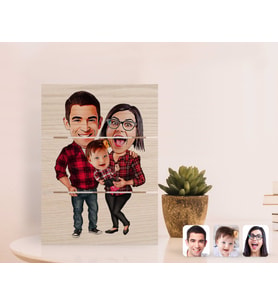 BK Gift Kişiye Özel Aile Karikatürlü Otantik Masaüstü Ahşap Palet Çerçeve-2 (Beyaz)