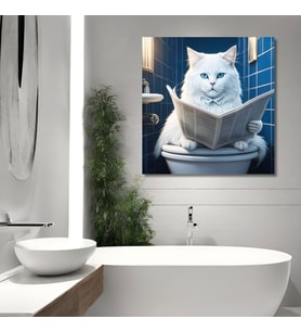 Tekli Kare Kanvas Banyo Tablosu Gazete Okuyan Beyaz Mavi Gözlü Kedi