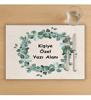 Kişiye Özel Yeşil Yaprak Çember Yazılı Mesajlı  Amerikan Servis, Tabak Altlığı & Ev Hediyesi, 2 Adet (Krem)