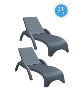 Omnipazar TRK-860 Siesta Fiji Rattan Desenli Ayarlanabilir Lüks Şezlong Koyu Gri 2'li Set