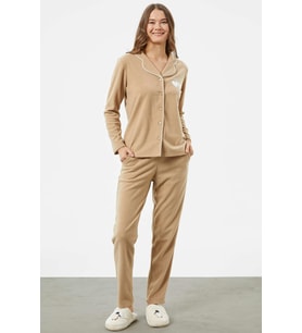 Gömlek Yaka Düğmeli Polar Pijama Takım - Kamel