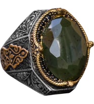 El Yapımı Vintage Tasarım Zümrüt Yüzük - 925 Ayar Gümüş Erkek Yüzük Altın Detaylarla (Jade)