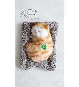 Sesli Uyuyan Peluş Kedi – Gerçekçi Görünümlü Minderli Dekoratif Kedi (Krem)
