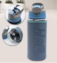 Kişiye Özel Deri Kılıflı Pipetli 500 Ml Cam Matara (Mavi)