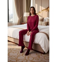 Kadın Fırfırlı Bisiklet Yaka Uzun Kollu Pijama Takımı Fonksiyonel Dayanıklı Kaliteli Rahat