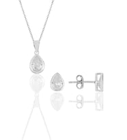 Söğütlü Silver Gümüş rodyumlu damla kesim zirkon taşlı kolye kupe ikili set..