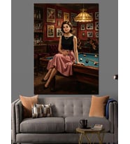 Bilardo Masasında Oturan Şık Kadın Dekoratif Kanvas - Mdf Ahşap Tablo