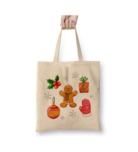 Yeni Yıl Konseptli Kurabiye Adam Christmas Knit Yılbaşı Beyaz Bez Çanta Uzun Saplı