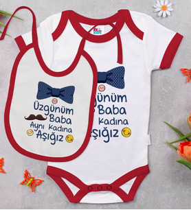 BK Kids Aynı Kadına Aşığız Tasarımlı Kırmızı Bebek Body Zıbın ve Mama Önlüğü Hediye Seti-1