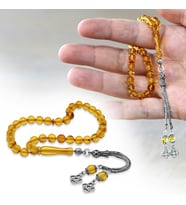 Damla Kehribar Tesbih - 925 Ayar Gümüş Püsküllü - Küre Kesim - Sarı Renk