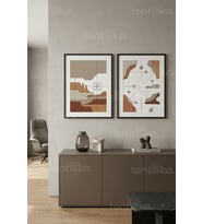 Modern Toprak Tonları Soyut Geometrik 2’li Ahşap Çerçeveli Tablo Seti