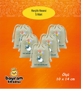 Bayram Harçlık Kesesi 5'li – Baskılı Ham Bez Bayram Kesesi, Çocuklar İçin Bayram Hediyesi  Model-11