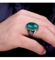 Oval Akik Yeşil Taşlı 925 Ayar Gümüş Yüzük