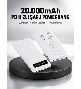 LED Işıklı 20.000mAh Powerbank LCD Gösterge Dahili Çoklu Kablo Yeni Nesil